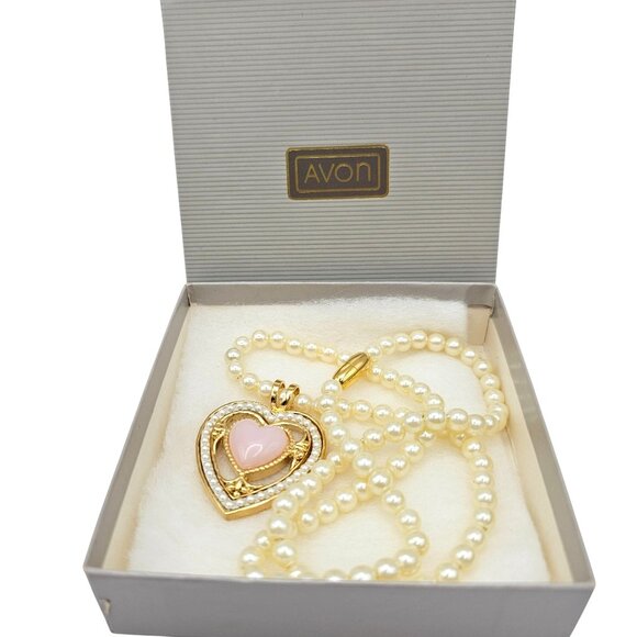 Victorian Heart Necklace 19" Faux Pearl Pink Heart Pendant Vintage 1987 Avon - Picture 2 of 10